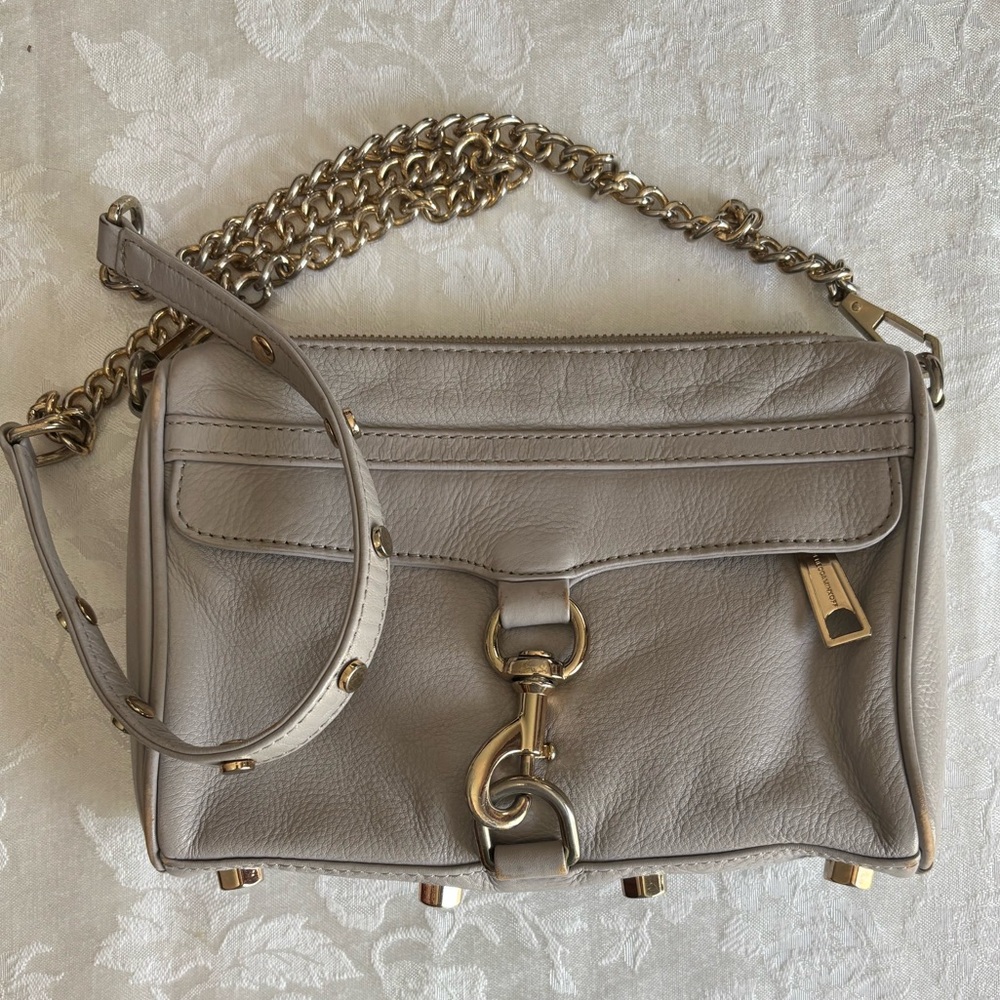 REBECCA MINKOFF soft leather small bag golden chain crossbody light grey gray